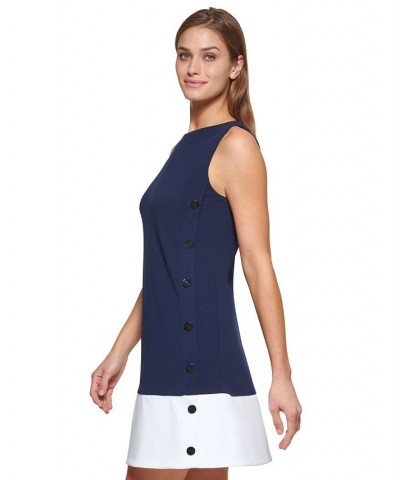 Women's Colorblock Button Sleeveless Shift Dress Navy/Ivory $66.72 Dresses