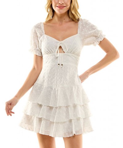 Juniors' Puff-Sleeve Tiered-Skirt Eyelet Dress Ivory $31.86 Dresses