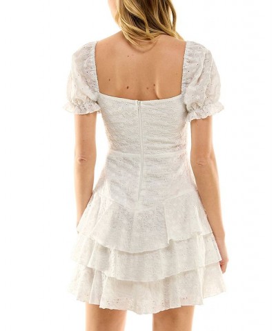 Juniors' Puff-Sleeve Tiered-Skirt Eyelet Dress Ivory $31.86 Dresses