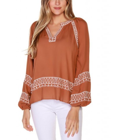 Black Label Petite Embroidered Blouson Split-Neck Top Brown $47.70 Tops