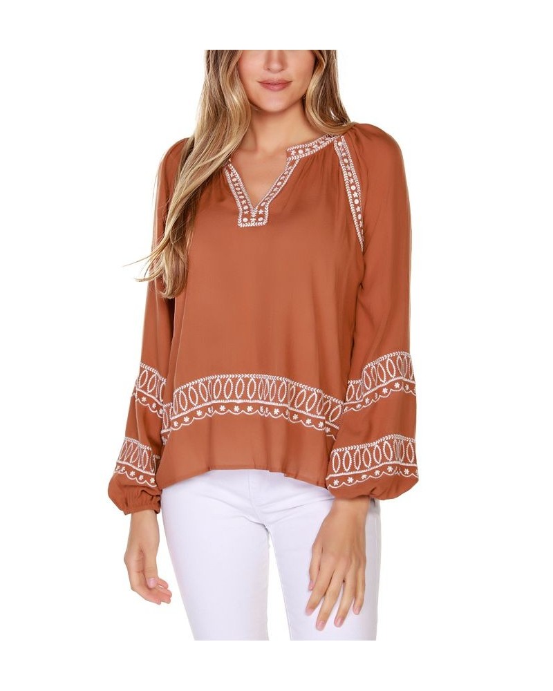 Black Label Petite Embroidered Blouson Split-Neck Top Brown $47.70 Tops