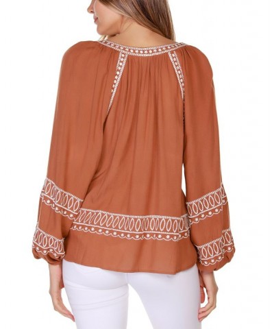 Black Label Petite Embroidered Blouson Split-Neck Top Brown $47.70 Tops