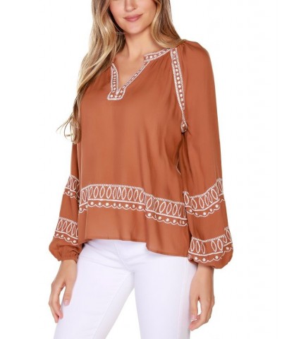 Black Label Petite Embroidered Blouson Split-Neck Top Brown $47.70 Tops