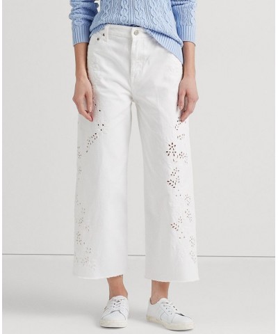 Women's Eyelet High-Rise Wide-Leg Cropped Jeans White Wash $67.65 Jeans