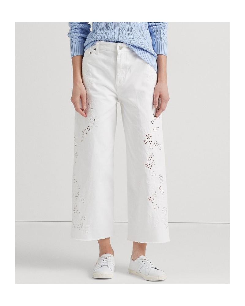 Women's Eyelet High-Rise Wide-Leg Cropped Jeans White Wash $67.65 Jeans