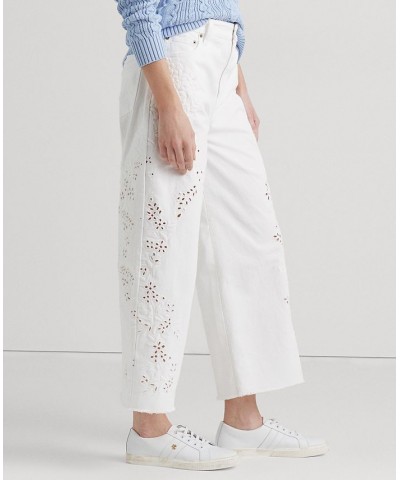 Women's Eyelet High-Rise Wide-Leg Cropped Jeans White Wash $67.65 Jeans