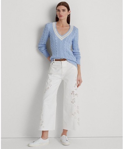 Women's Eyelet High-Rise Wide-Leg Cropped Jeans White Wash $67.65 Jeans