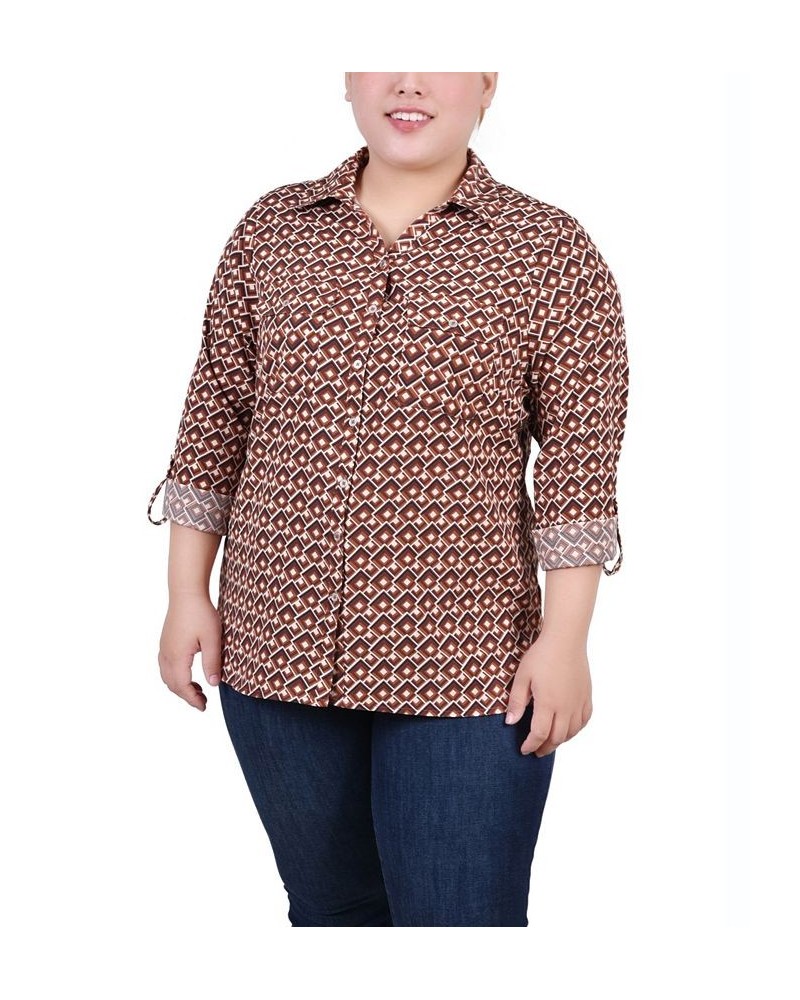 Plus Size 3/4 Sleeve Roll Tab Notch Collar Blouse Golden-Tone Jaycee $16.64 Tops