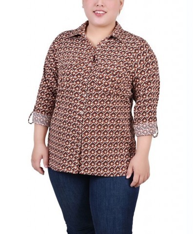 Plus Size 3/4 Sleeve Roll Tab Notch Collar Blouse Golden-Tone Jaycee $16.64 Tops