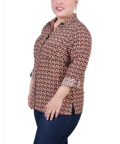 Plus Size 3/4 Sleeve Roll Tab Notch Collar Blouse Golden-Tone Jaycee $16.64 Tops