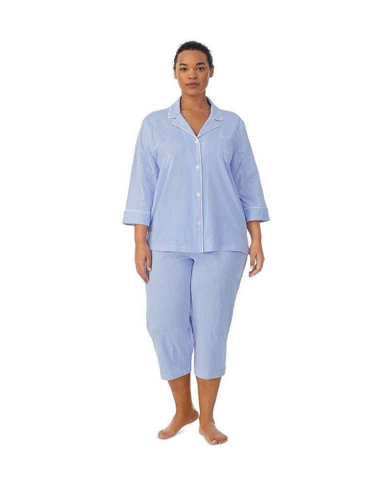 Plus Size Button-Front Top and Pants Pajama Set French Blue/White Stripe $35.26 Sleepwear