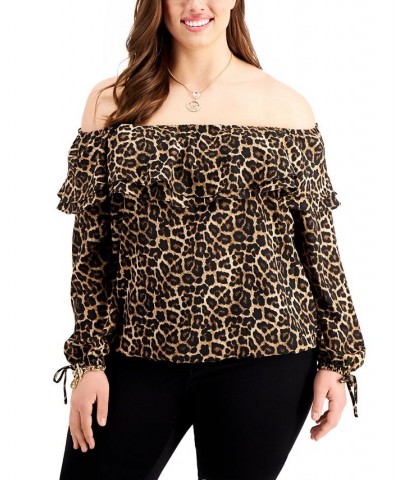 Plus Size Animal Print Off-The-Shoulder Top Dark Camel $27.00 Tops