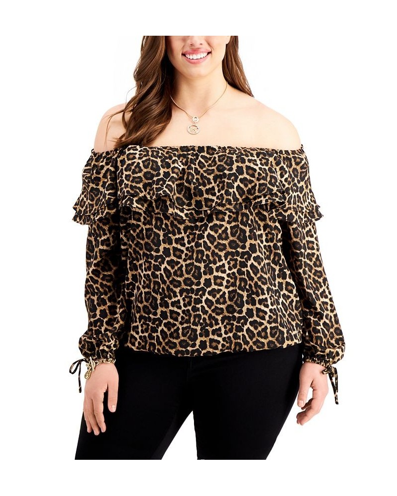 Plus Size Animal Print Off-The-Shoulder Top Dark Camel $27.00 Tops