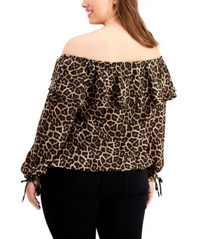 Plus Size Animal Print Off-The-Shoulder Top Dark Camel $27.00 Tops