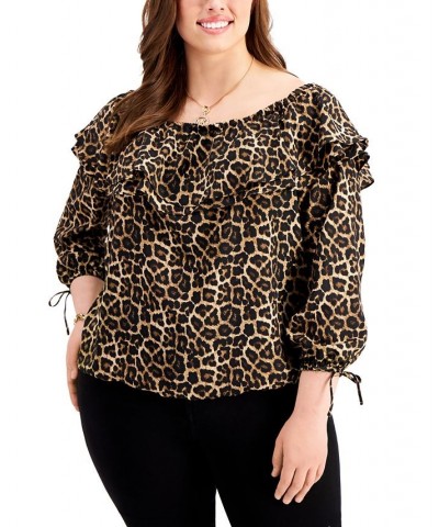 Plus Size Animal Print Off-The-Shoulder Top Dark Camel $27.00 Tops