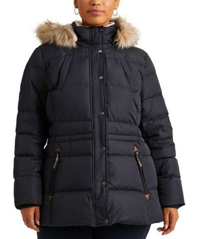 Plus Size Faux-Fur Trim Hooded Down Puffer Coat Blue $70.40 Coats