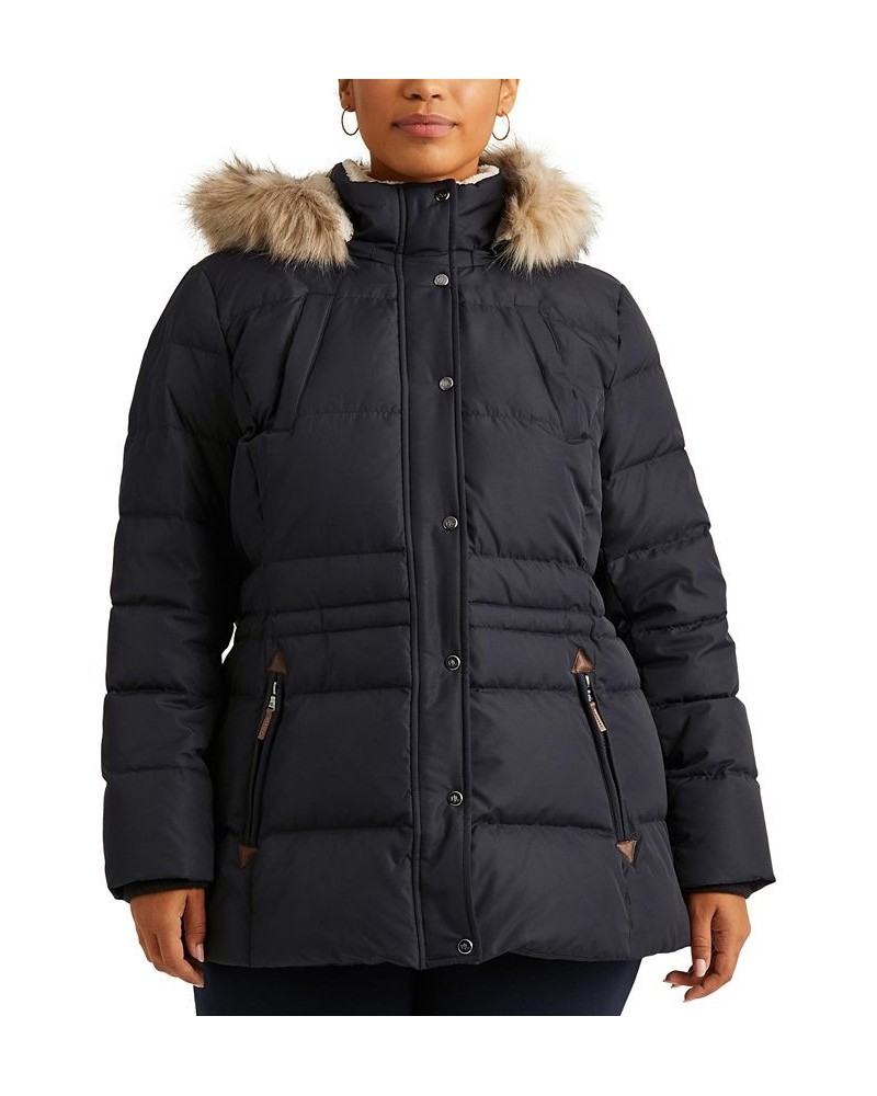 Plus Size Faux-Fur Trim Hooded Down Puffer Coat Blue $70.40 Coats