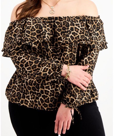 Plus Size Animal Print Off-The-Shoulder Top Dark Camel $27.00 Tops