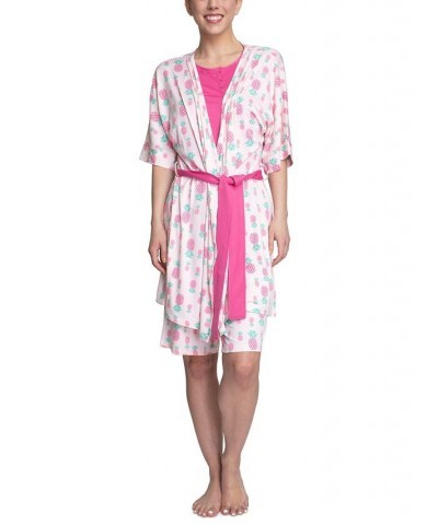 Women's 3-Piece Travel Pajama Set Pink Pineapple $29.92 Sleepwear