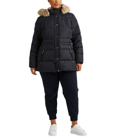 Plus Size Faux-Fur Trim Hooded Down Puffer Coat Blue $70.40 Coats