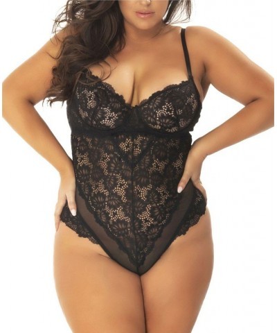 Plus Size Unlined Lace Teddy Lingerie with Underwire Black $18.35 Lingerie