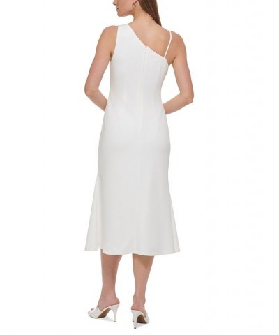 Women's Solid V-Neck Asymmetrical-Shoulder Midi Dress Ivory $59.77 Dresses