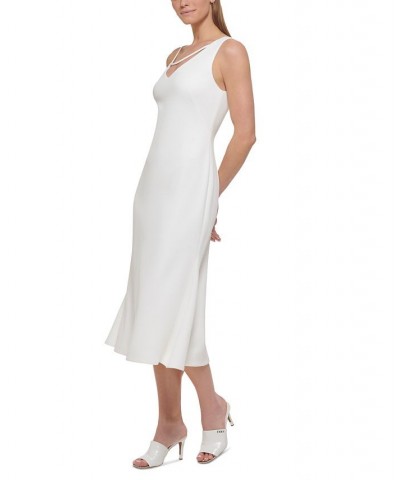 Women's Solid V-Neck Asymmetrical-Shoulder Midi Dress Ivory $59.77 Dresses