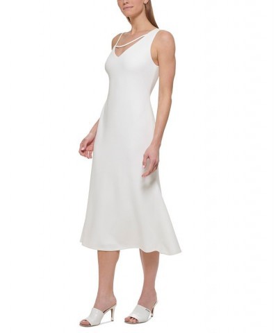 Women's Solid V-Neck Asymmetrical-Shoulder Midi Dress Ivory $59.77 Dresses