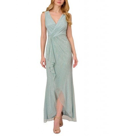 Women's Metallic Ruffled Sleeveless Faux-Wrap Gown Mint Smoke $102.77 Dresses