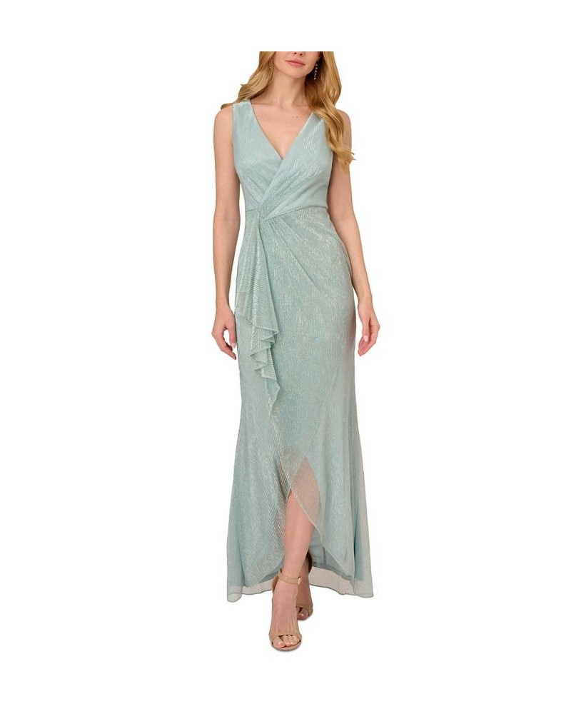 Women's Metallic Ruffled Sleeveless Faux-Wrap Gown Mint Smoke $102.77 Dresses