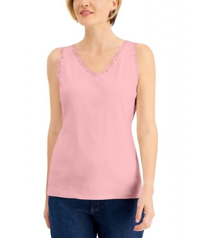 Petite Cotton Lace-Trim Tank Top Soft Pink $11.39 Tops