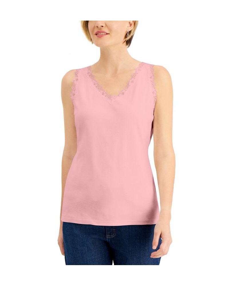 Petite Cotton Lace-Trim Tank Top Soft Pink $11.39 Tops