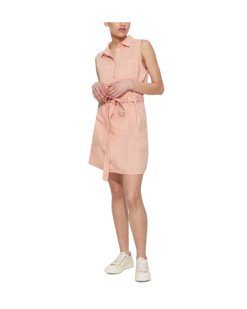 Women's Solid Belted Sleeveless Shirtdress Coral Wash $21.20 Dresses