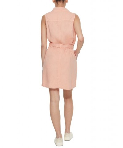 Women's Solid Belted Sleeveless Shirtdress Coral Wash $21.20 Dresses