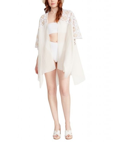 Women's Two-Tone Crochet Yoke Kimono Cover-Up Off White $41.34 Tops