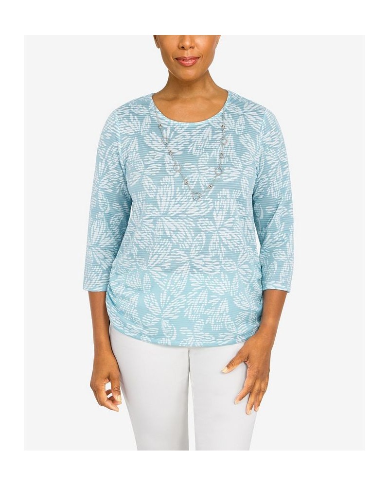 Petite Classics Floral Jacquard Butterfly Knit Top with Necklace Blue Mist $29.89 Tops