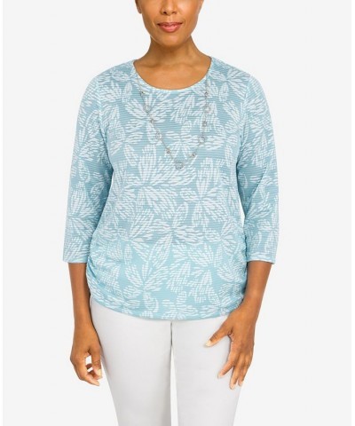 Petite Classics Floral Jacquard Butterfly Knit Top with Necklace Blue Mist $29.89 Tops