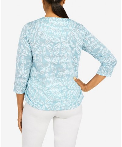 Petite Classics Floral Jacquard Butterfly Knit Top with Necklace Blue Mist $29.89 Tops