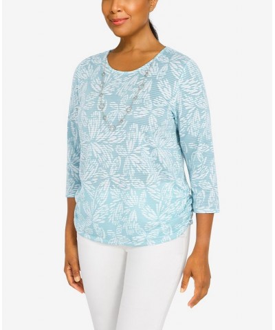 Petite Classics Floral Jacquard Butterfly Knit Top with Necklace Blue Mist $29.89 Tops