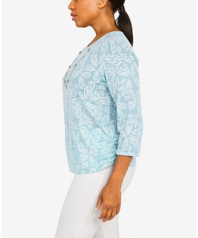 Petite Classics Floral Jacquard Butterfly Knit Top with Necklace Blue Mist $29.89 Tops