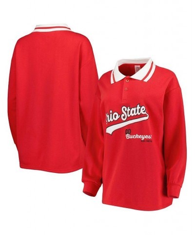 Women's Scarlet Ohio State Buckeyes Happy Hour Long Sleeve Polo Shirt Scarlet $26.65 Tops