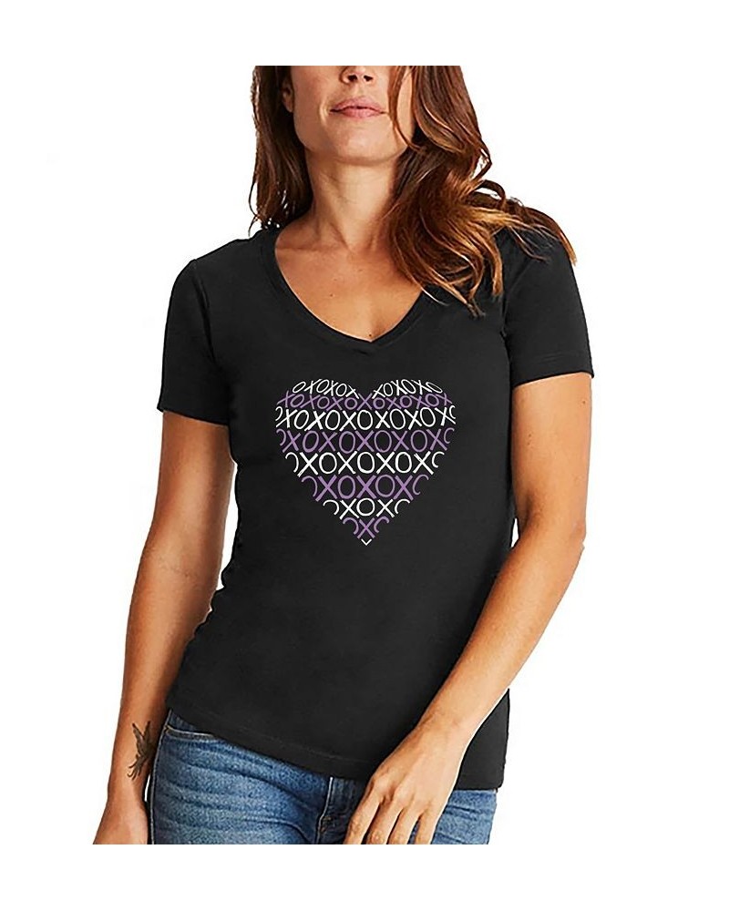 Women's Word Art XOXO Heart V-Neck T-Shirt Black $18.54 Tops