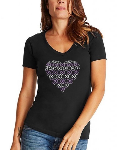 Women's Word Art XOXO Heart V-Neck T-Shirt Black $18.54 Tops