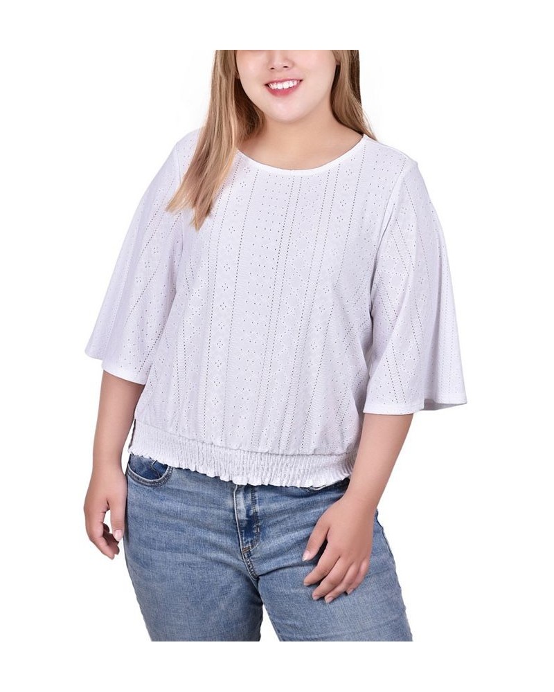 Plus Size Smocked Hem Knit Eyelet Top White $14.35 Tops