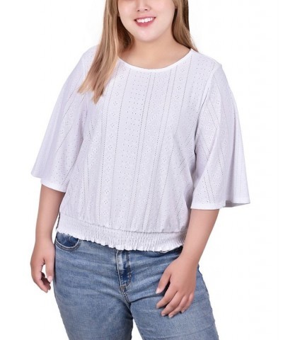 Plus Size Smocked Hem Knit Eyelet Top White $14.35 Tops