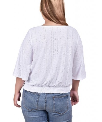 Plus Size Smocked Hem Knit Eyelet Top White $14.35 Tops