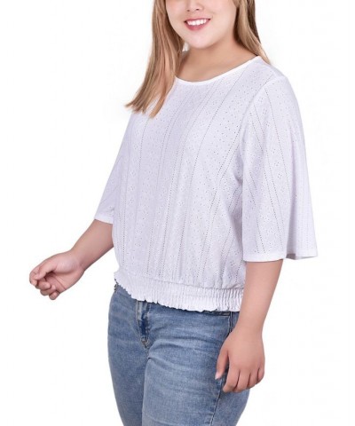 Plus Size Smocked Hem Knit Eyelet Top White $14.35 Tops