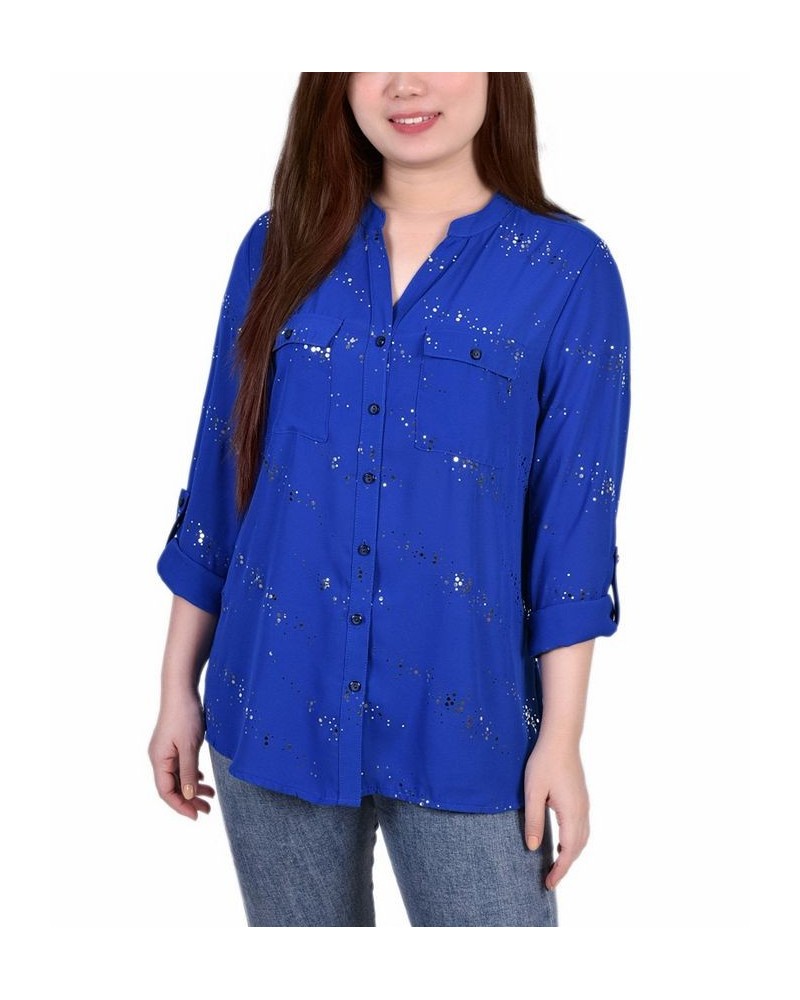 Petite Size 3/4 Sleeve Roll Tab Blouse with Metallic Details Top Blue $18.60 Tops