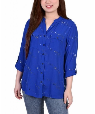 Petite Size 3/4 Sleeve Roll Tab Blouse with Metallic Details Top Blue $18.60 Tops