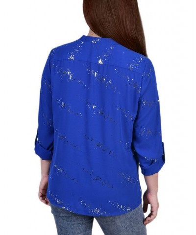 Petite Size 3/4 Sleeve Roll Tab Blouse with Metallic Details Top Blue $18.60 Tops